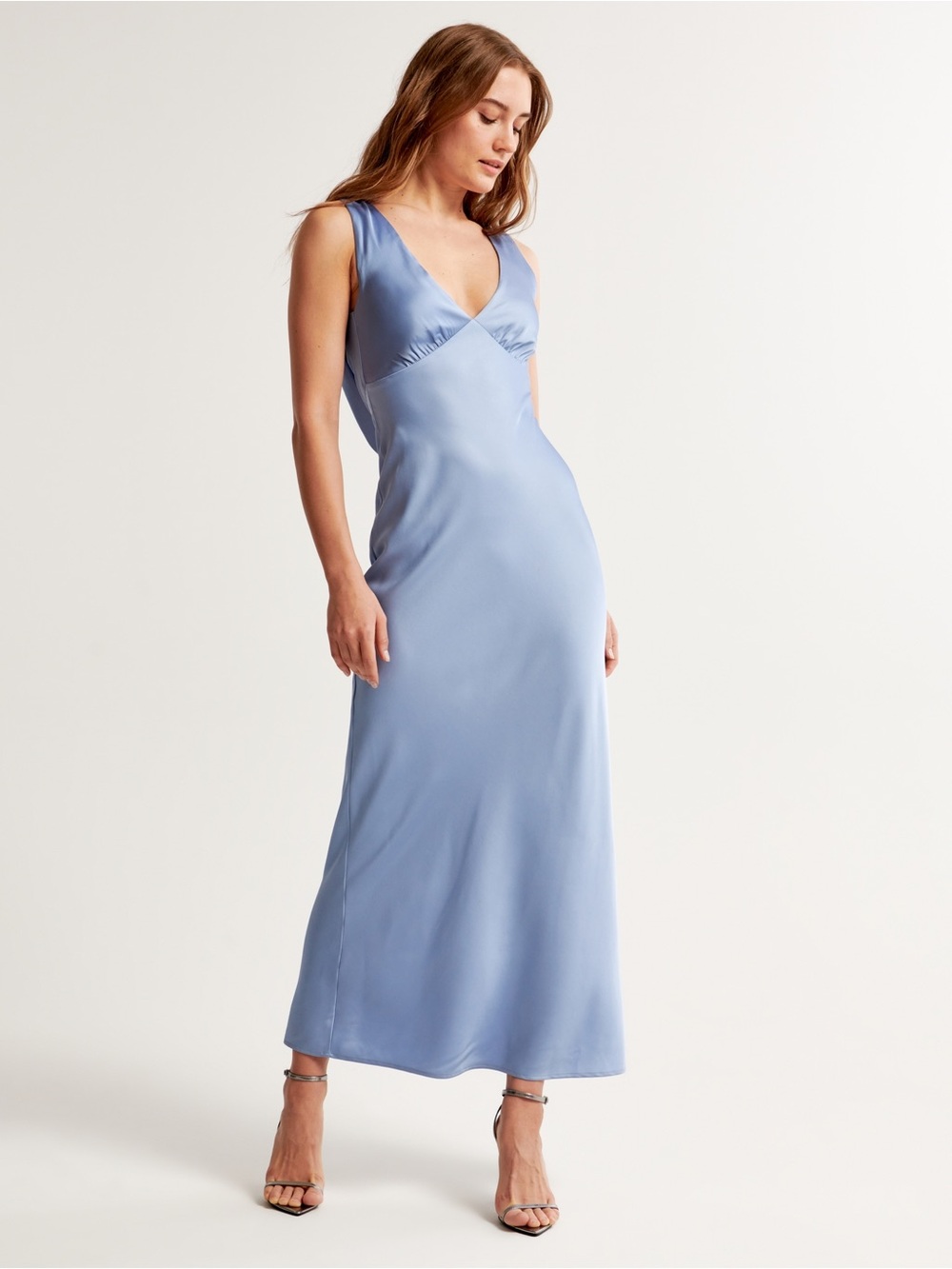 Abercrombie Satin Plunge Cowl Back Maxi Dress in Baby Blue
